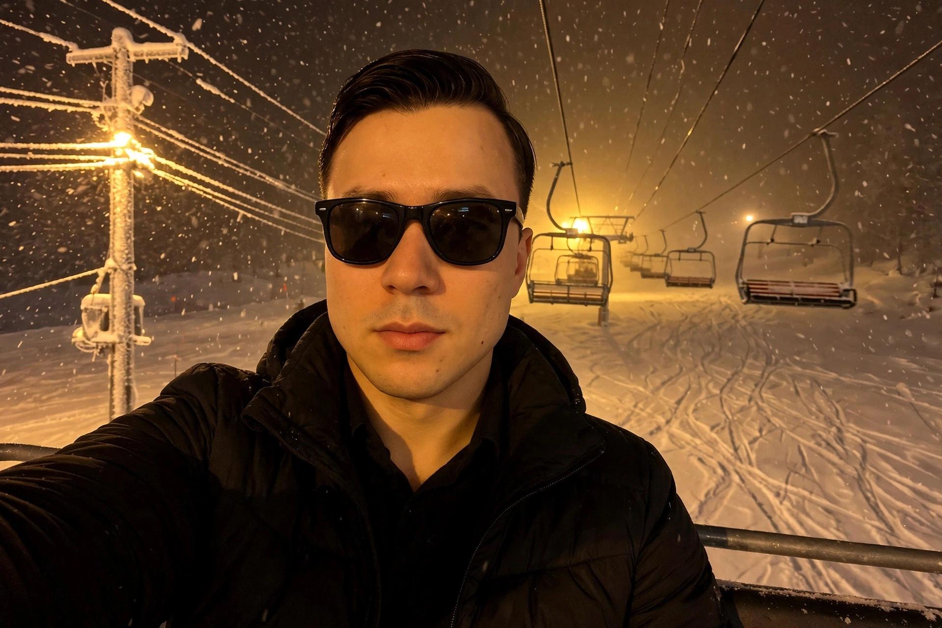 Emmanuel en una telesilla nocturna bajo la nieve